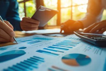 Poster - Close-up of hands working on financial reports with charts and graphs on a desk.