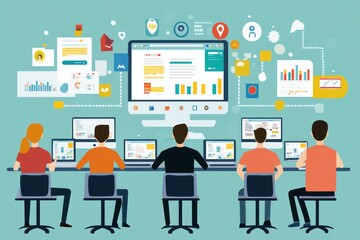 Aufkleber - A team of five people working on computers connected to a central screen with data visualizations.