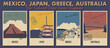 © koyash07 - Mexico, Japan, Greece, Australia Main Attractions Postcard Set. Pyramid, Pagoda, Townscape, Bridge Vector Templates Retro Style Greeting Cards. Postal Imprints