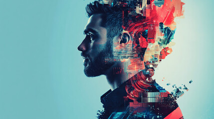 Portrait of a tech entrepreneur layered with images of innovation and ideas