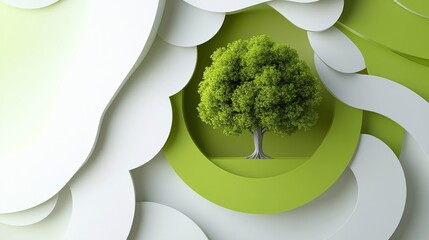 Wall Mural - 34.A 3D background featuring interlocking white and green circles, surrounding a central tree icon in vivid green. The design is minimal yet dynamic, with smooth circular shapes creating a layered