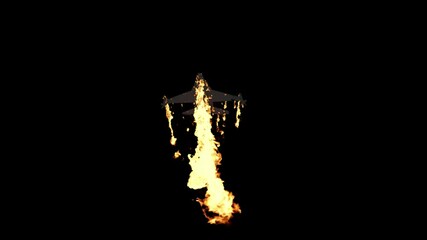 Wall Mural - jet airplane burning on fire, transparent background 3d rendering with alpha channel of fire simulat