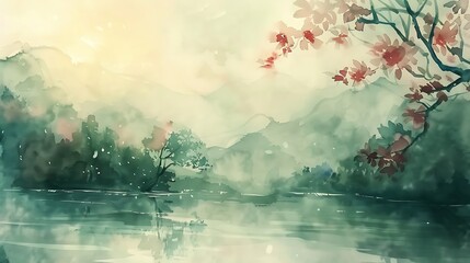 Canvas Print - A serene watercolor landscape featuring a misty river, mountains, and delicate foliage, evoking tranquility and nature's beauty.