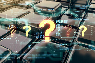 Fototapete - Neon question marks with digital circuit lines on futuristic background, representing concept of technological inquiry and solutions. 3D Rendering