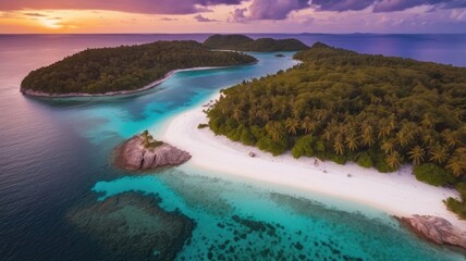Aerial top view of amazing tropical island with turquoise water and white beach with cloudy sky