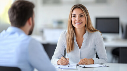 Wall Mural - A young businesswoman is holding an agreement and talking to her colleague across the street