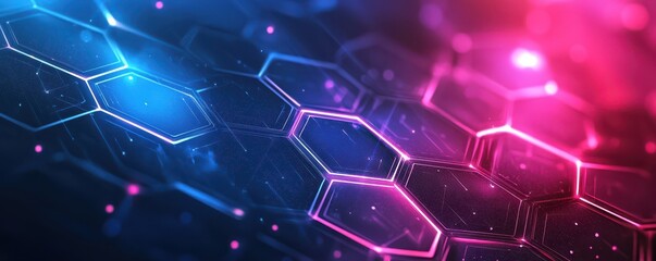 Canvas Print - blue and purple abstract background with glowing hexagons and digital particles on a futuristic desi