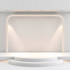 Minimalist white stage with two steps, a circular opening, and spotlights.