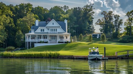 Canvas Print - A serene lakeside view featuring a large house, lush green lawn, and a boat docked by the water.