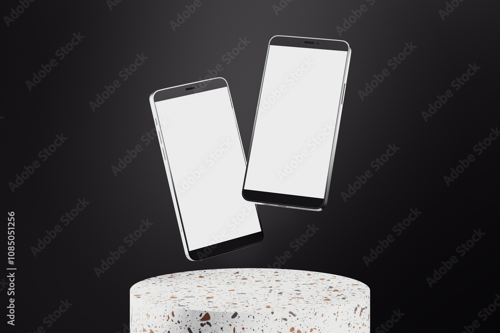 Smartphone mockup with two floating cellphones on a textured stand ...
