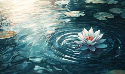 Canvas Print - Water lily floating serenely on calm water. AI.