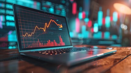 Poster - A laptop displaying a financial graph with data visualizations, symbolizing market trends and analytics.