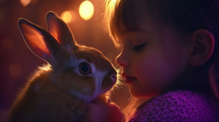 Poster - A child gently holds a fluffy bunny. AI.