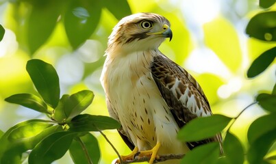 Wall Mural - A hawk perched on a branch amidst lush green foliage. AI.