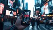 © afridwi - A person holding a smartphone displaying 'FAKE NEWS' in a busy city street.