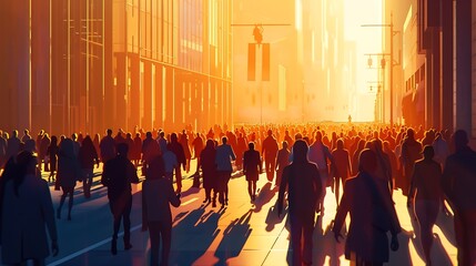 Canvas Print - A bustling city street filled with people during sunset, creating a vibrant and dynamic urban atmosphere.