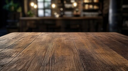 A close-up view of a rustic wooden tabletop with a blurred background of a dimly lit bar interior.