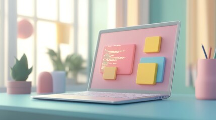 3D minimalist laptop mockup showcasing coding and software development in a cartoon-style design for UI/UX developers