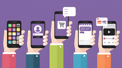 Hands Holding Smartphones Against Purple Background