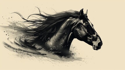 Naklejka na meble Majestic black stallion head with flowing mane, artistic rendering.