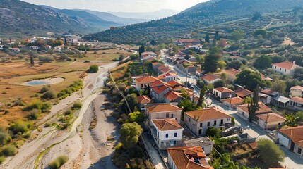 Canvas Print - Aerial view of a serene village with traditional houses surrounded by hills and greenery.