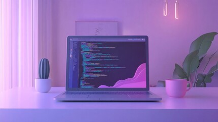 3D minimalist laptop mockup showcasing coding and software development in a cartoon-style design for UI/UX developers