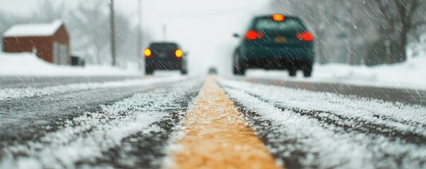 Wall Mural - Freezing rain ice surface, A snowy road scene with two cars navigating through winter conditions, highlighting the challenges of driving in inclement weather.