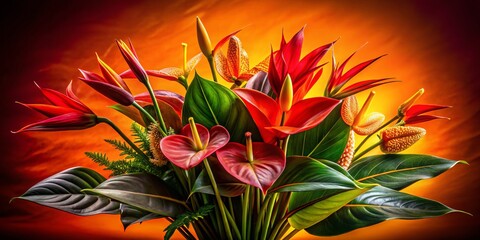 Canvas Print - Vibrant Tropical Bouquet Featuring Anthuriums and Heliconia Against a Warm Orange Background in Captivating Low Light Photography