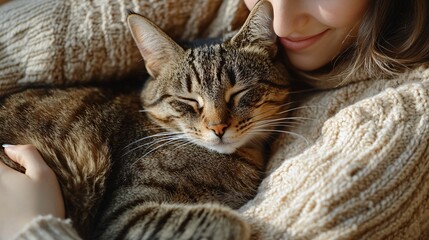 Fototapete - Owner brushing a happy cat in a cozy living room with sunlight streaming in illustrating pet care at home with side empty space for text Stockphoto style