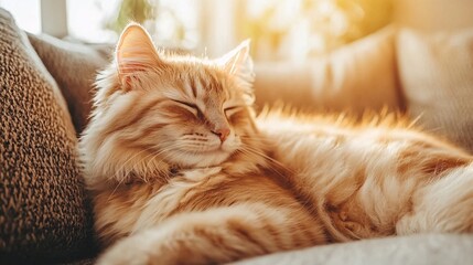 Sticker - Owner brushing a happy cat in a cozy living room with sunlight streaming in illustrating pet care at home with side empty space for text Stockphoto style