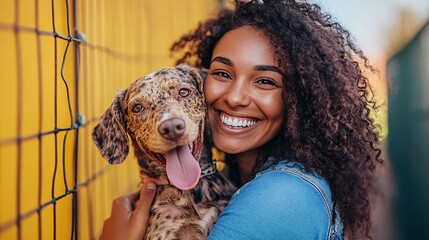 Fototapete - Excited new pet owner hugging a rescue dog in a bright adoption center celebrating new beginnings with side empty space for text Stockphoto style