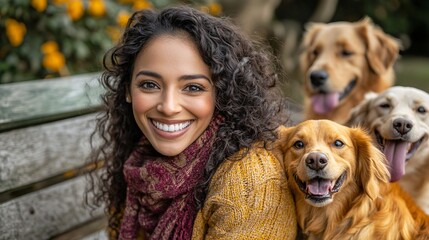Fototapete - Friendly pet sitter sitting on a park bench surrounded by playful dogs of various sizes in a comfortable outdoor environment with side empty space for text Stockphoto style