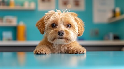 Fototapete - Groomer carefully trimming a small dogs fur in a well-equipped salon showing professional pet grooming services with side empty space for text Stockphoto style