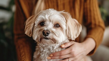 Fototapete - Groomer carefully trimming a small dogs fur in a well-equipped salon showing professional pet grooming services with side empty space for text Stockphoto style