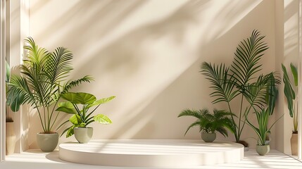 Canvas Print - A serene indoor space featuring various potted plants and a circular platform, illuminated by soft shadows.