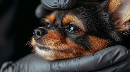 Fototapete - Groomer carefully trimming a small dogs fur in a well-equipped salon showing professional pet grooming services with side empty space for text Stockphoto style