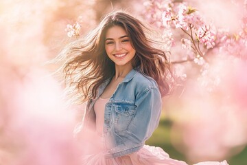 Wall Mural - Joyful Young Woman with Flowing Hair Smiling Amidst Pink Blossoms in a Sunlit Spring Garden, Embracing Natures Beauty and Serenity