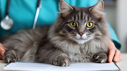 Fototapete - Veterinarian showing a cats health report to its owner in a modern clinic setting representing trust and care in pet healthcare with side empty space for text Stockphoto style