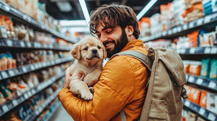 Sticker - Owner cuddling a puppy while discussing pet care products in a well-organized pet supply store capturing the joy of pet care shopping with side empty space for text Stockphoto style