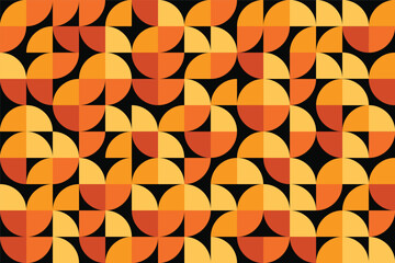 arrangement of quarter circle pieces in red, orange and yellow colors on black background. abstract 