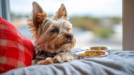 Sticker - Pet hotel room setup with cozy bedding and food bowls showing pet-friendly accommodations with side empty space for text Stockphoto style