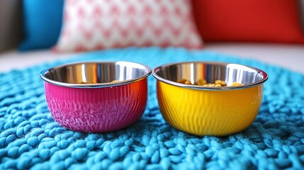 Sticker - Pet hotel room setup with cozy bedding and food bowls showing pet-friendly accommodations with side empty space for text Stockphoto style