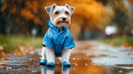 Fototapete - Dog wearing a raincoat and booties standing on a wet sidewalk during a rainy day showing practical pet apparel with side empty space for text Stockphoto style