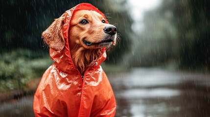 Fototapete - Dog wearing a raincoat and booties standing on a wet sidewalk during a rainy day showing practical pet apparel with side empty space for text Stockphoto style