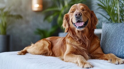 Fototapete - Pet-friendly spa with a relaxed golden retriever getting a gentle massage showing premium pet pampering services with side empty space for text Stockphoto style
