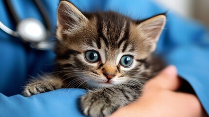 Fototapete - Veterinarian gently handling a kitten in a clean, bright exam room showing trust and care in pet healthcare with side empty space for text Stockphoto style