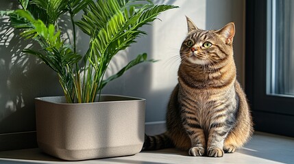 Fototapete - Cat sitting next to an eco-friendly litter box in a minimalist home setting highlighting sustainable pet products with side empty space for text Stockphoto style