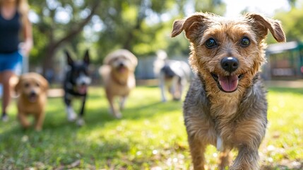 Fototapete - Dog daycare with attentive staff playing with dogs in a spacious play area showing safe and enjoyable pet care services with side empty space for text Stockphoto style