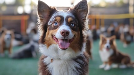 Fototapete - Dog daycare with attentive staff playing with dogs in a spacious play area showing safe and enjoyable pet care services with side empty space for text Stockphoto style