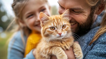 Fototapete - Pet adoption scene with smiling family welcoming a new kitten home radiating warmth and happiness with side empty space for text Stockphoto style